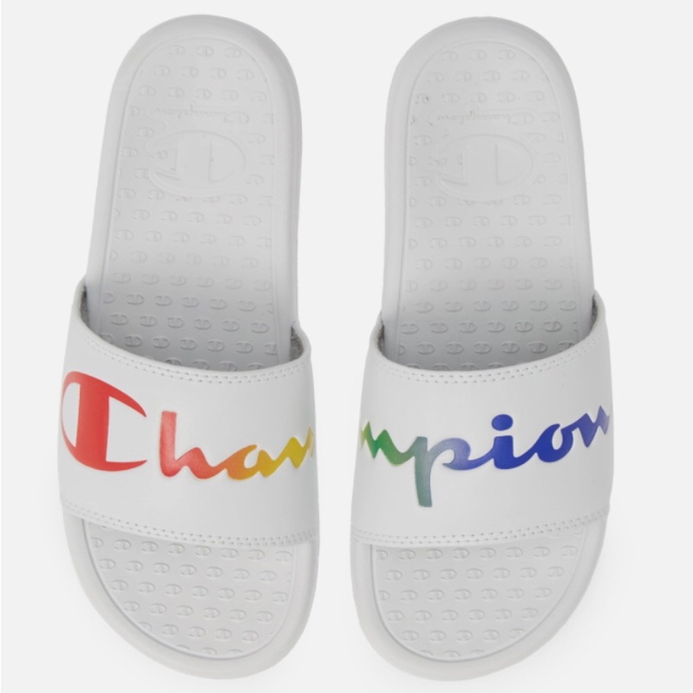 CHAMPION SUPER SLIDE SPLIT SCRIP WHITE&RAINBOW SLUDE SANDALS.SIZE 9